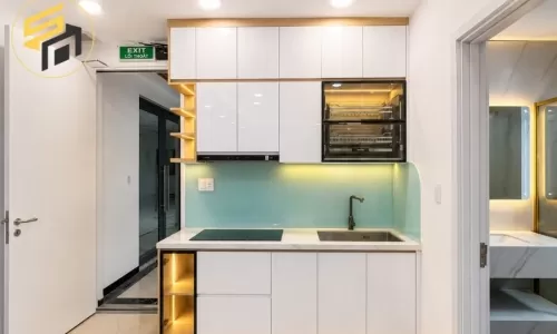 Dự Án Tủ Bếp Chữ I Acrylic Trắng Bóng Kính Ốp Màu Xanh Ngọ