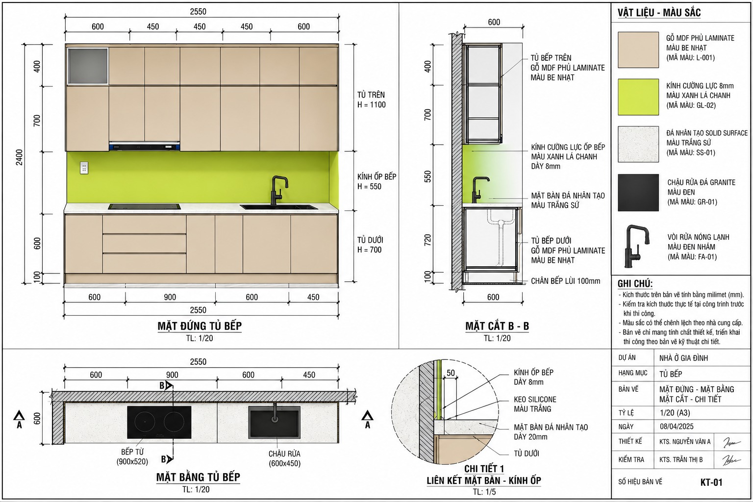 Bản vẽ kỹ thuật tủ bếp chữ I hiện đại dài 2550mm