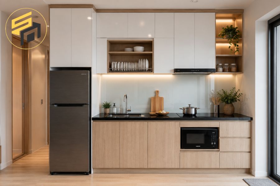 Căn hộ chung cư nhỏ - Bếp chữ I dài 2,5m, MDF Melamine