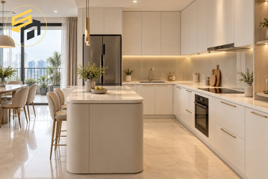 Tủ trắng kem đá quartz kính champagne và beige
