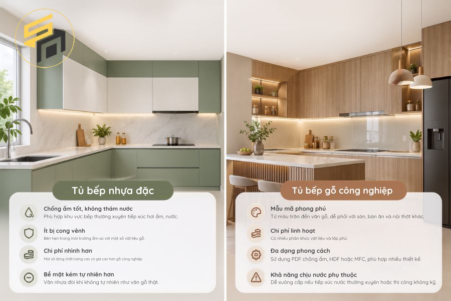 Đặc điểm tủ bếp nhựa đặc và gỗ công nghiệp có sự khác biệt nhất định