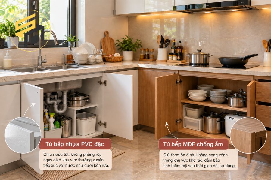 Độ bền tủ bếp nhựa đặc và MDF sau nhiều năm