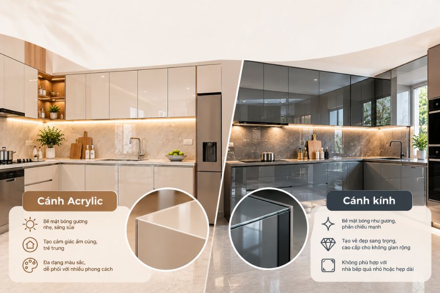 Độ bóng tủ bếp inox Acrylic và cánh kính khác nhau rõ