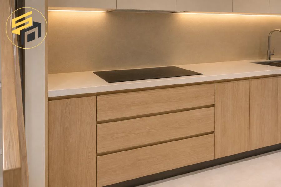Tủ bếp dưới gỗ sồi bếp từ âm bàn Quận 7 