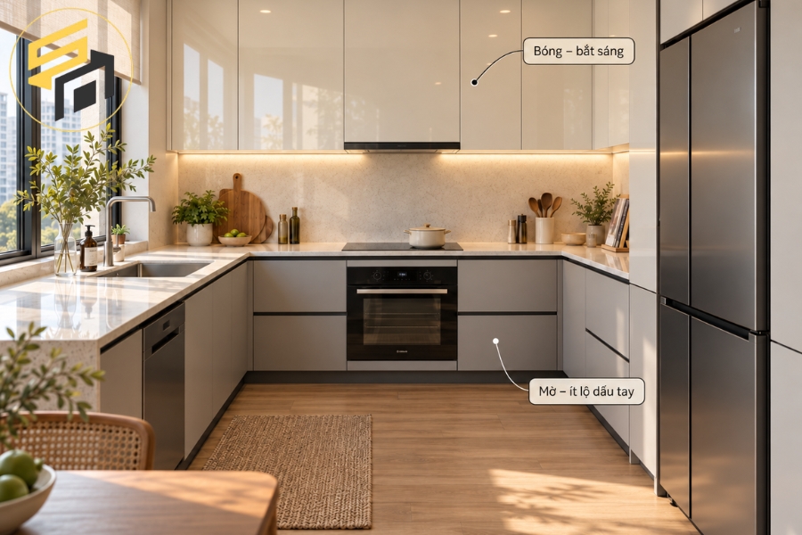 Tủ bếp chữ U kết hợp Acrylic bóng và mờ sang trọng
