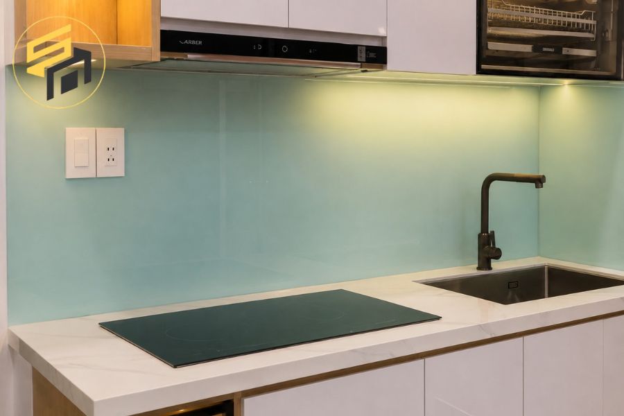Kính ốp bếp màu xanh ngọc tạo điểm nhấn