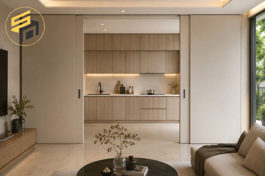 Mẫu tủ bếp 5m dùng cánh Pocket Doors giấu khu bếp