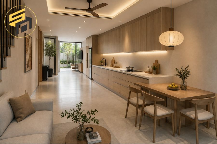 Mẫu tủ bếp 5m nối liền bàn ăn cho nhà ống