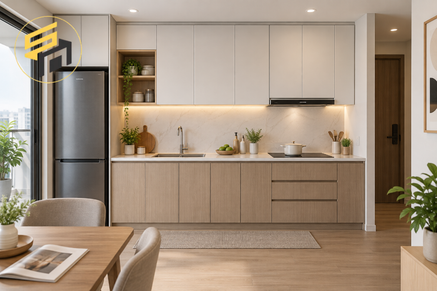 Mẫu tủ bếp chữ I nhỏ gọn cho căn hộ dưới 50m²