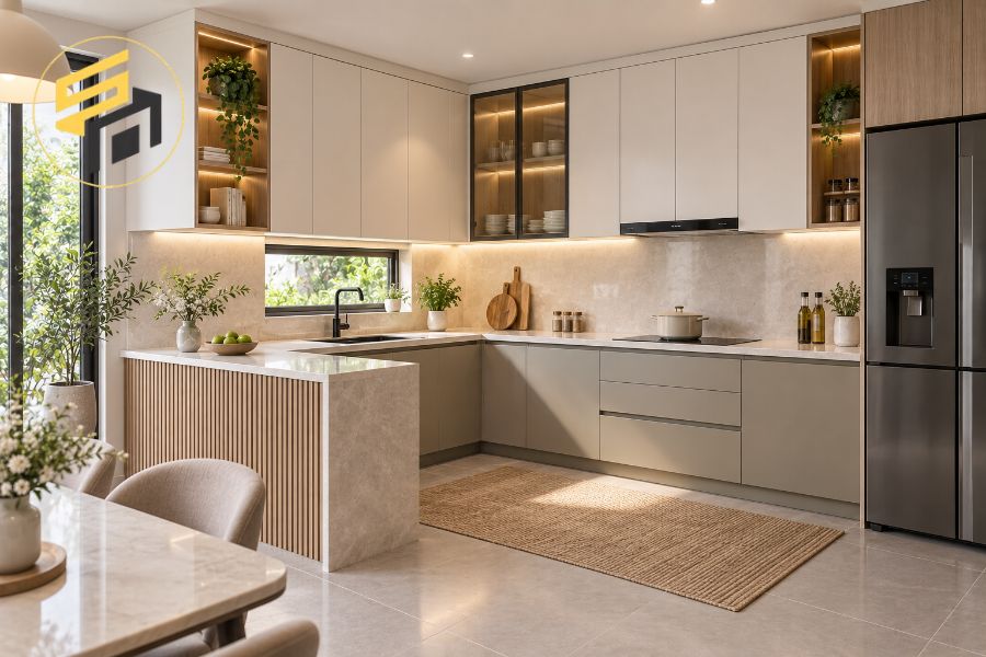 Mẫu tủ bếp chữ L tận dụng góc chết trong chung cư nhỏ