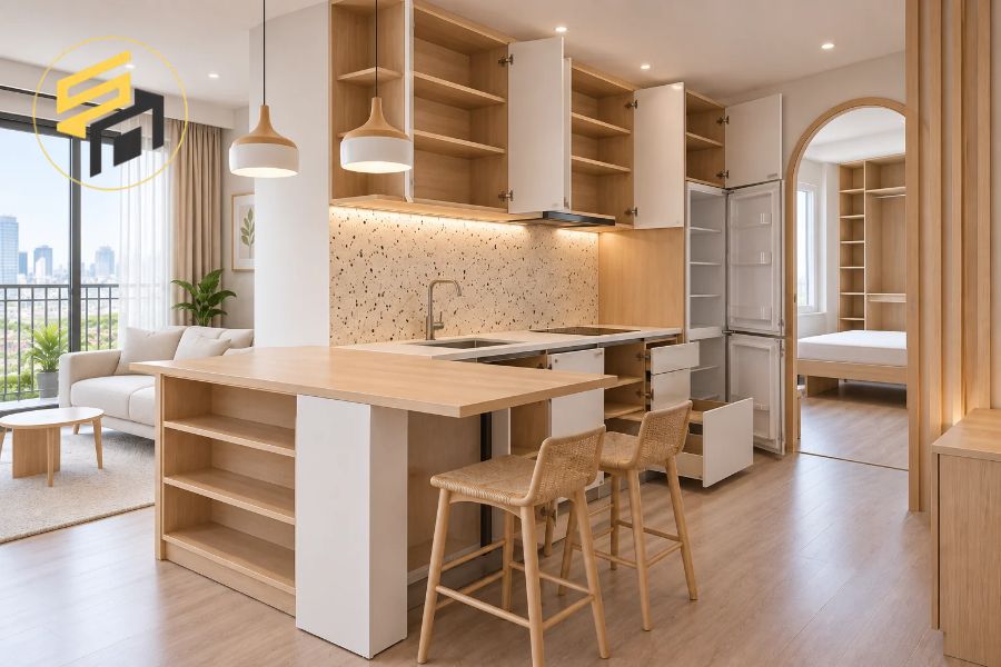 Mẫu tủ bếp đa năng tối ưu từng cm cho căn hộ dưới 40m²