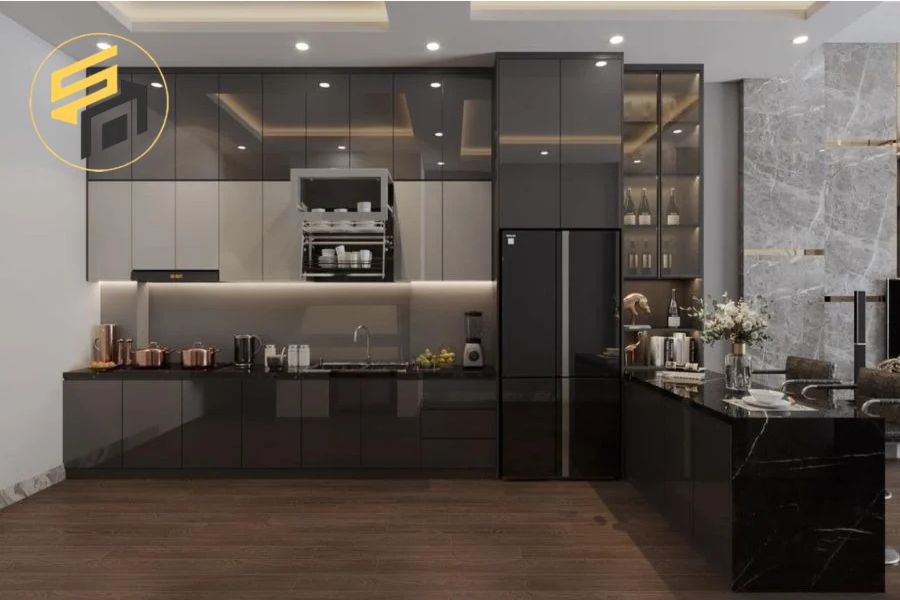 Mẫu tủ bếp kịch trần kết hợp cánh kính hiện đại