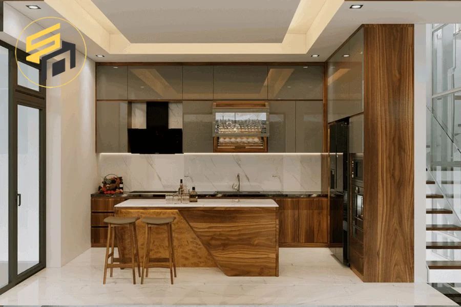 Mẫu tủ bếp kịch trần kết hợp đảo bếp cho nhà phố