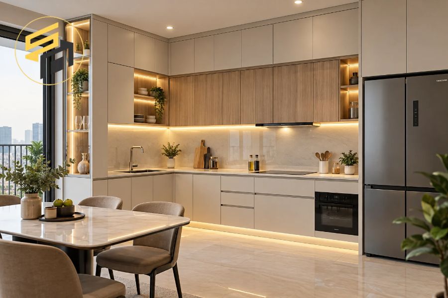 Mẫu tủ bếp kịch trần kết hợp đèn LED tạo điểm nhấn