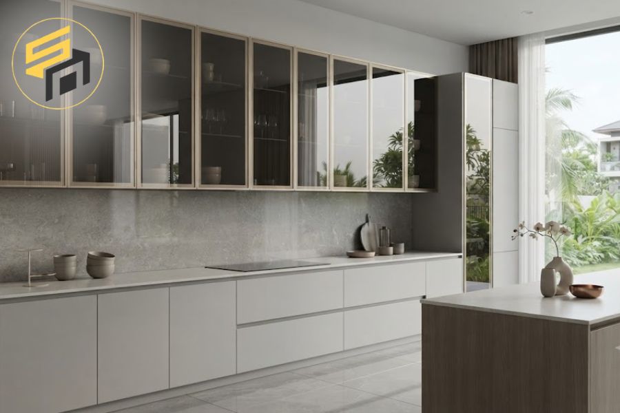 Tủ bếp nhôm kính và cánh kính cường lực
