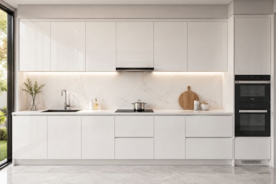 Mẫu tủ bếp PVC Acrylic chữ I màu trắng tối giản