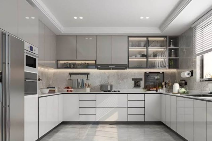 Mẫu tủ bếp PVC Acrylic chữ U cho không gian rộng