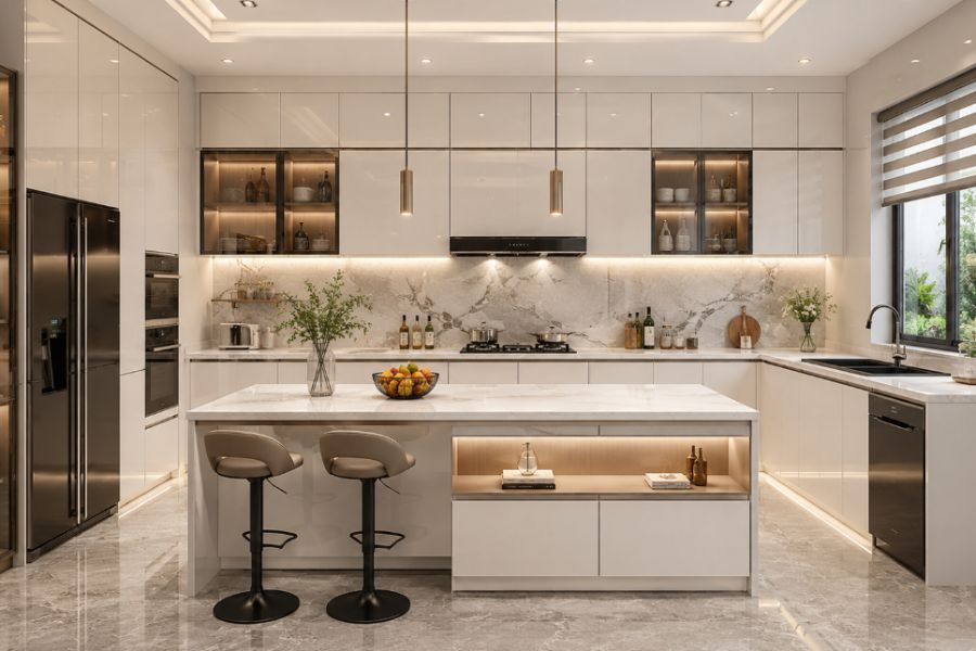Mẫu tủ bếp PVC Acrylic có đảo bếp hiện đại