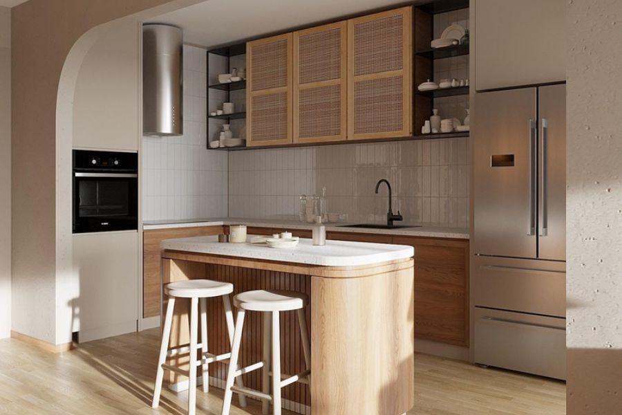 Mẫu tủ bếp PVC Acrylic kết hợp quầy bar tiện dụng