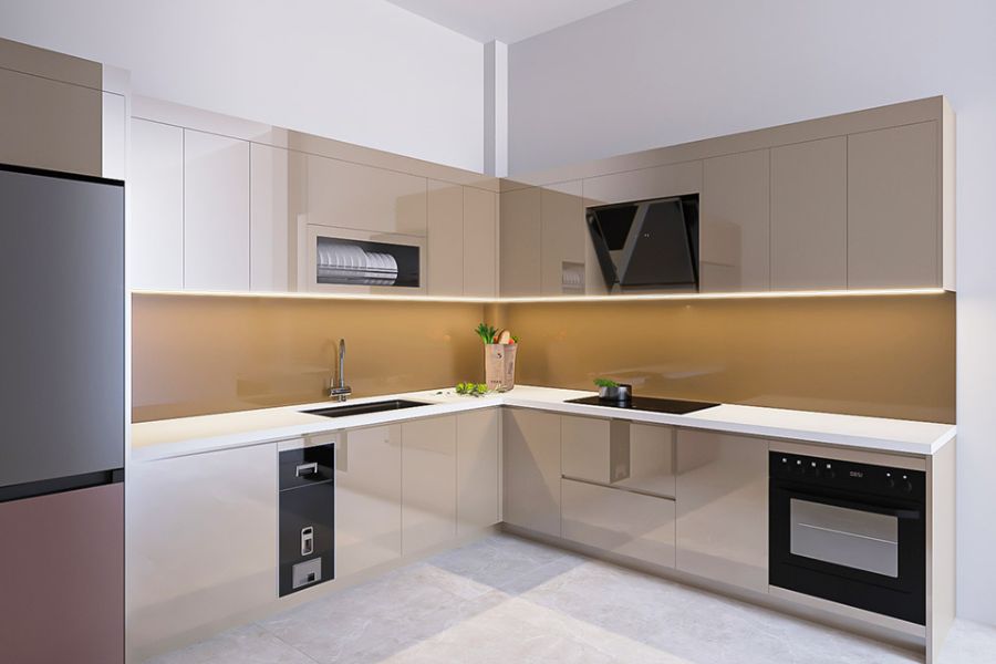 Mẫu tủ bếp PVC Acrylic tối giản cho không gian bếp hiện đại