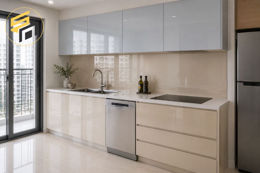 Tủ bếp MDF chống ẩm phủ Acrylic bóng gương dài 3m