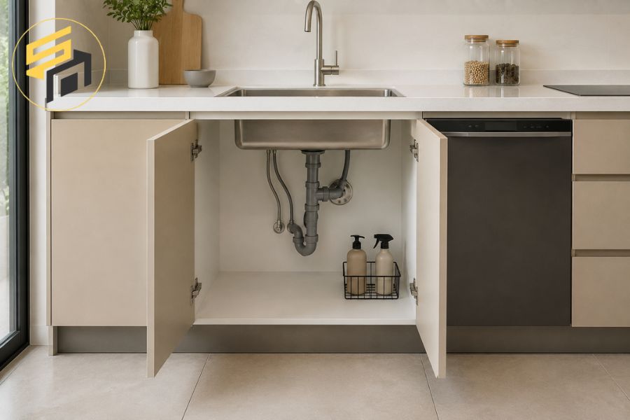 Tủ bếp MDF kết hợp Picomat ở khoang chậu rửa