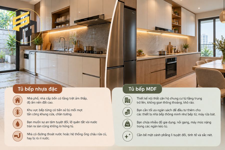 Nên chọn tủ bếp nhựa đặc hay tủ bếp MDF?