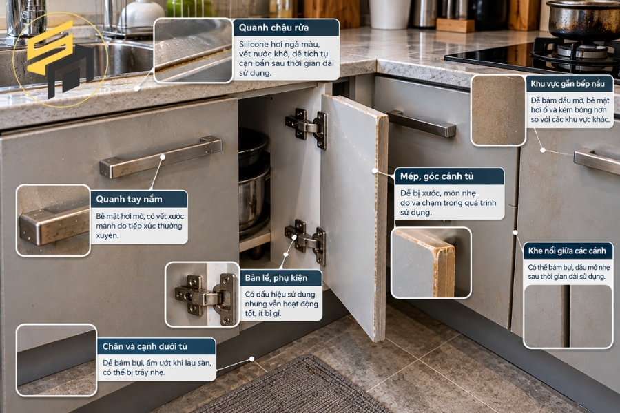 Những vị trí của tủ bếp nhựa composite dễ xuống cấp nhất