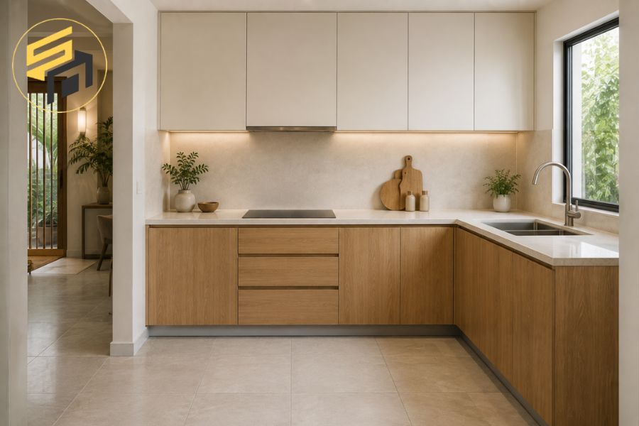 Tủ bếp nhựa Picomat phủ Laminate vân gỗ có chiều dài 3m