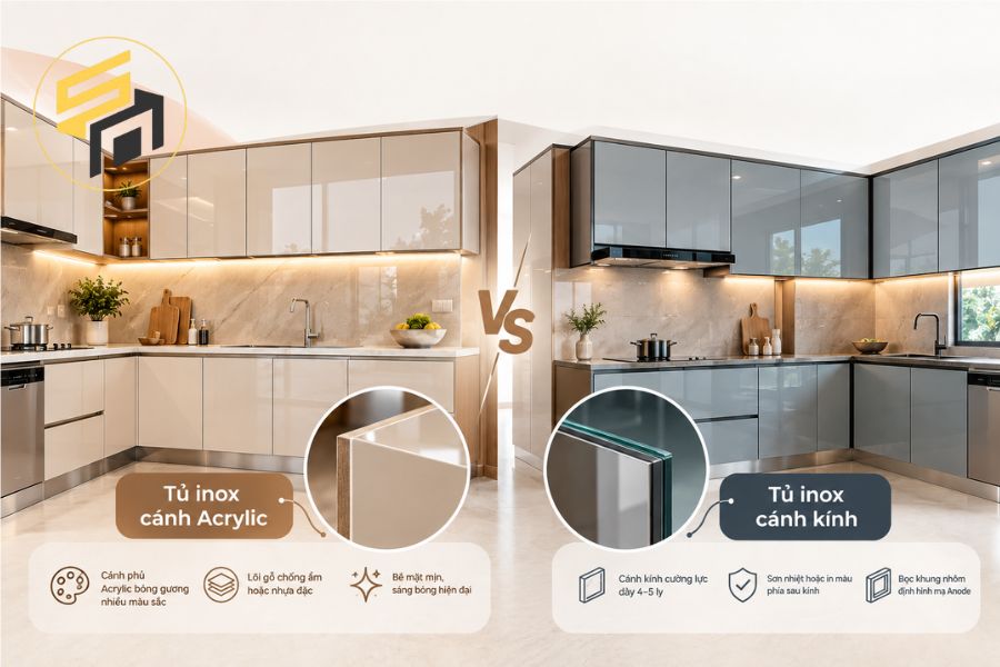 So sánh tủ bếp inox Acrylic và cánh kính chi tiết nhất