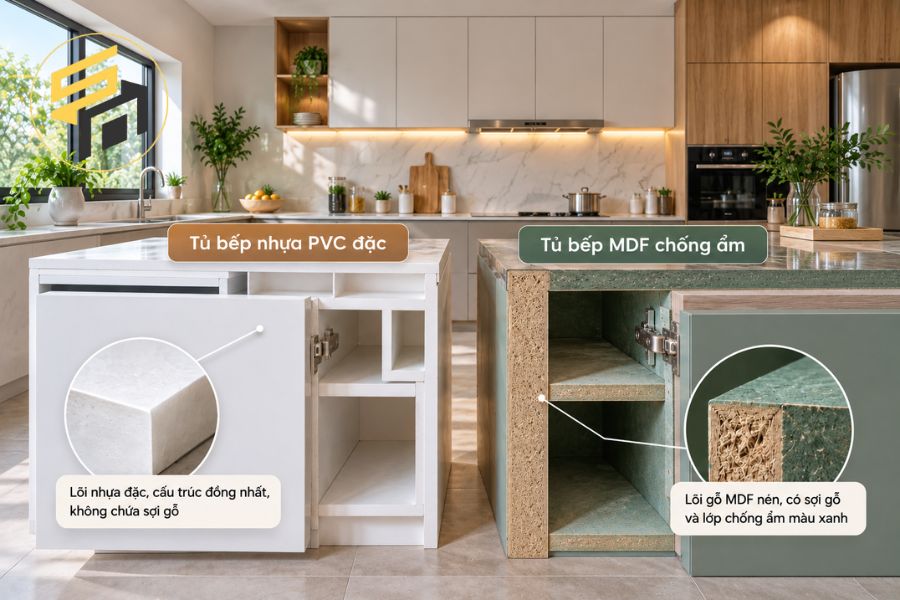 So sánh tủ bếp nhựa đặc và tủ bếp MDF thực tế