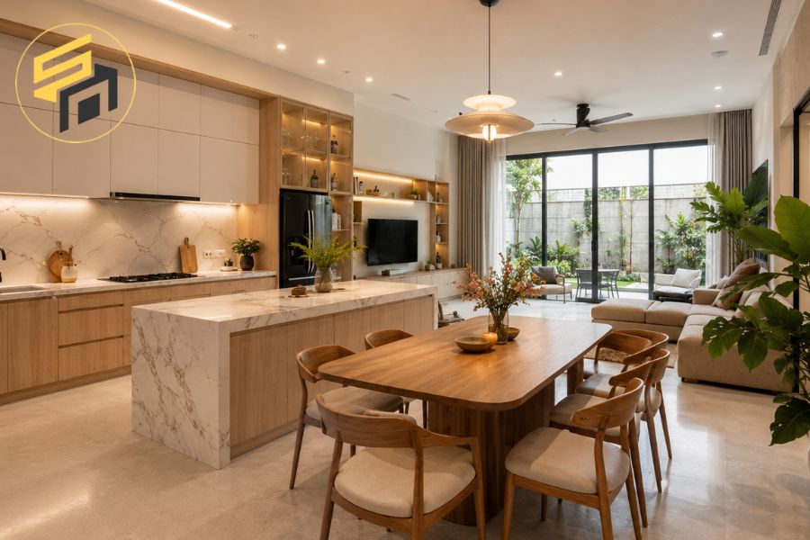 Thiết kế mở kết nối phòng khách và phòng ăn