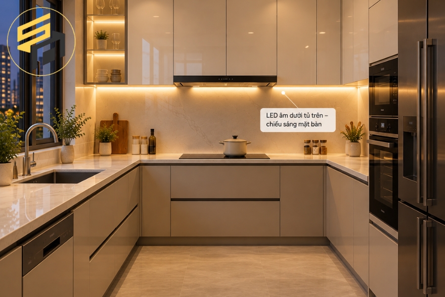 Tủ bếp chữ U Acrylic tích hợp đèn LED chiếu sáng hiện đại