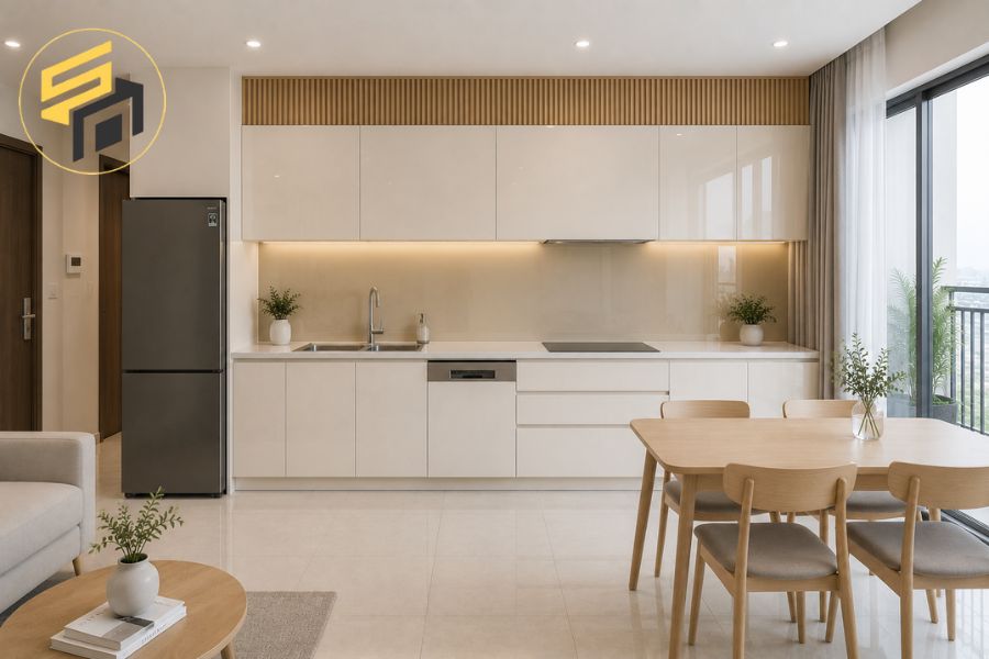 Tủ bếp cánh Acrylic No-line phối lam sóng gỗ