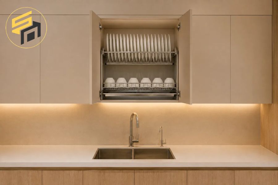 Tủ bếp trên giá úp chén đĩa inox 2 tầng
