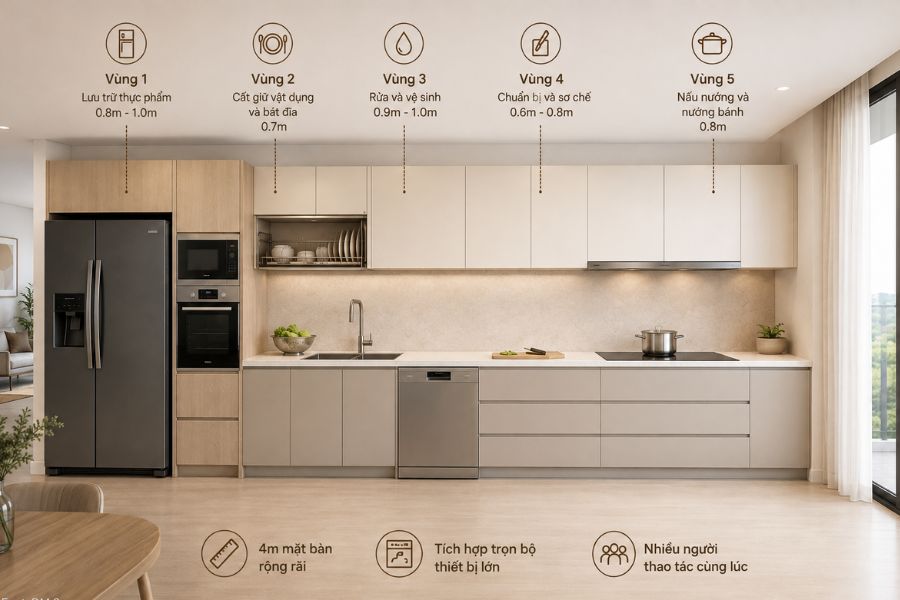 Tủ bếp 4m chia 5 vùng công năng khoa học, dễ thao tác
