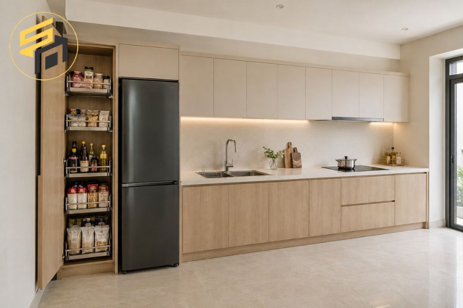 Mẫu tủ bếp 5m có tủ kho cao 600 mm