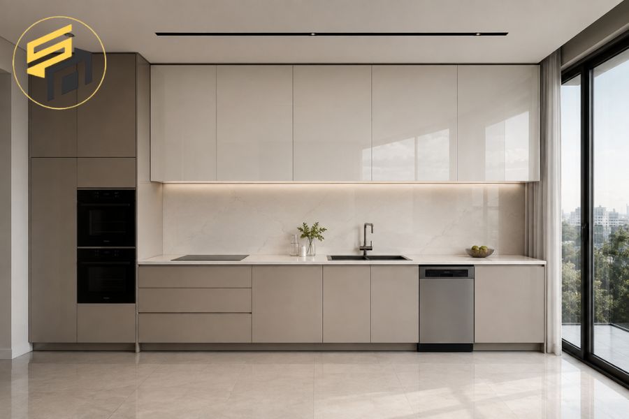 Tủ bếp Acrylic trắng bóng giúp căn hộ sáng thoáng hơn