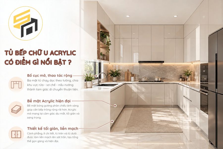 Tủ bếp chữ U Acrylic hiện đại với thiết kế tối giản