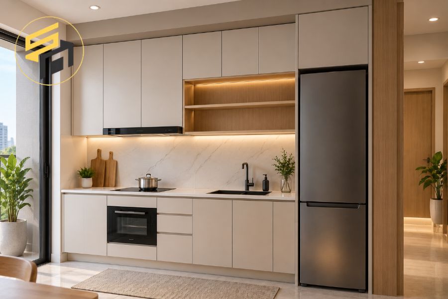 Mẫu tủ bếp âm tường tối ưu không gian chung cư nhỏ