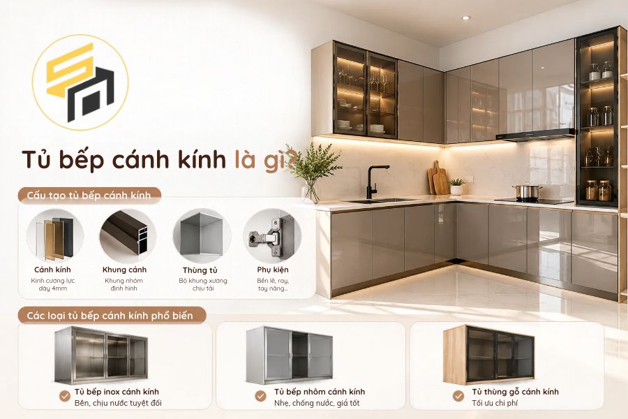 Tủ bếp cánh kính là gì? Cấu tạo và các loại phổ biến