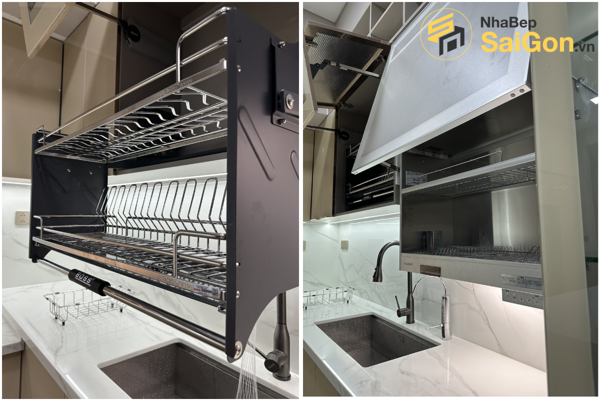 Bàn giao tủ bếp chữ L hợp kim nhôm cánh kính - Công trình nhà chị Phùng Tân Phú