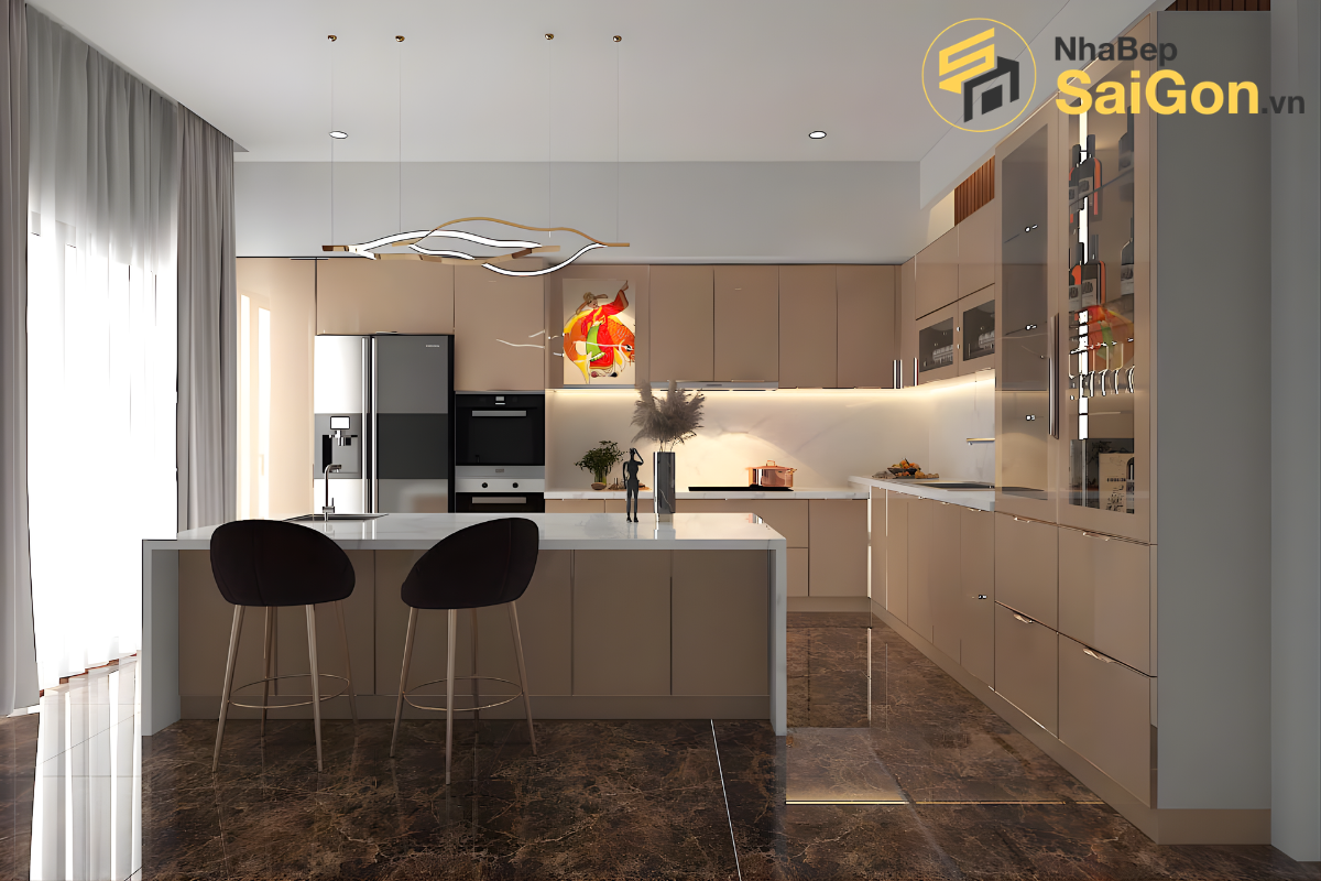 Bàn giao tủ bếp chữ L hợp kim nhôm cánh kính - Công trình nhà chị Phùng Tân Phú