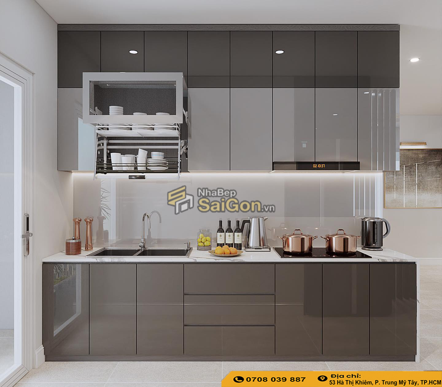 Mẫu tủ bếp Acrylic chữ I