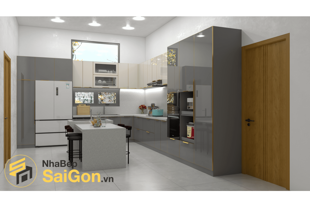 Tủ bếp chữ L xám ghi bóng Acrylic hiện đại