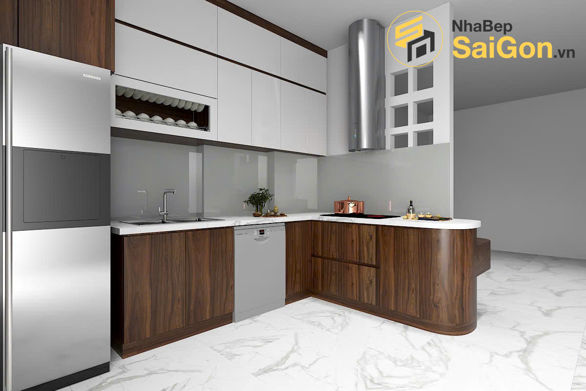 Mẫu tủ bếp chữ L Acrylic góc bo tròn