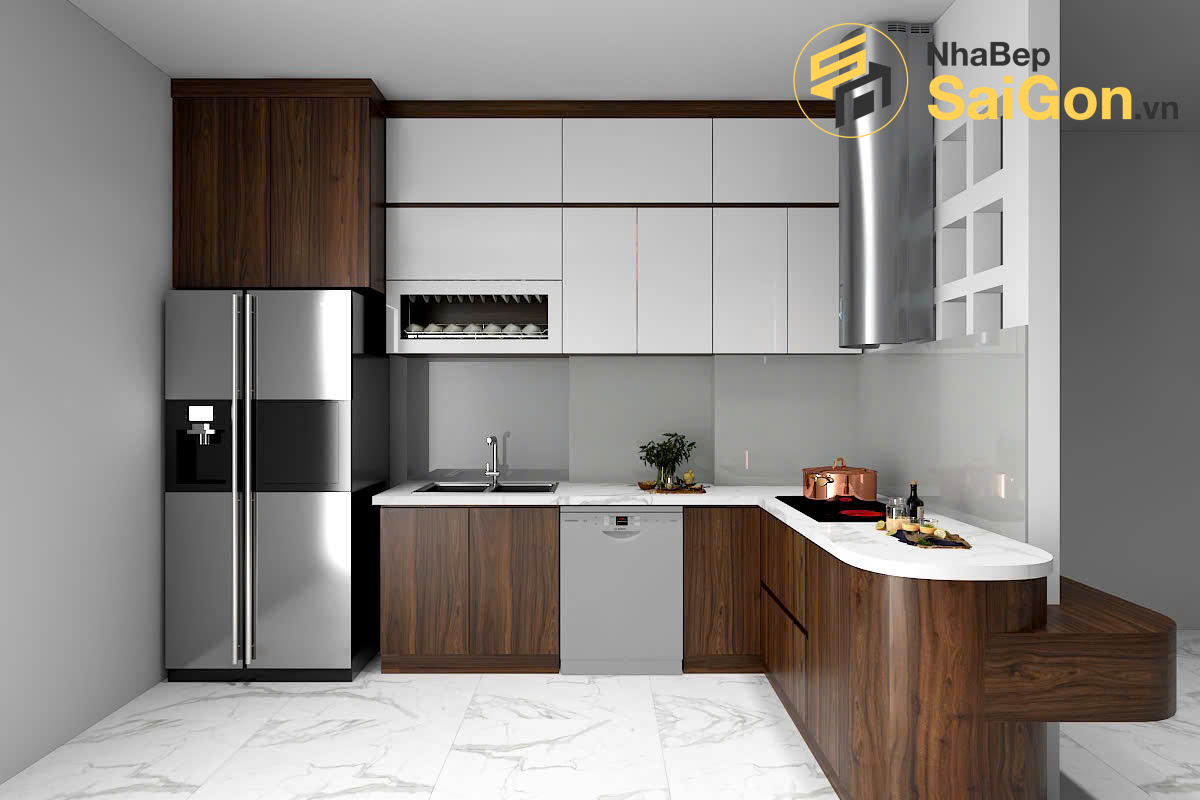 Mẫu tủ bếp đẹp chữ L phong cách cổ điển