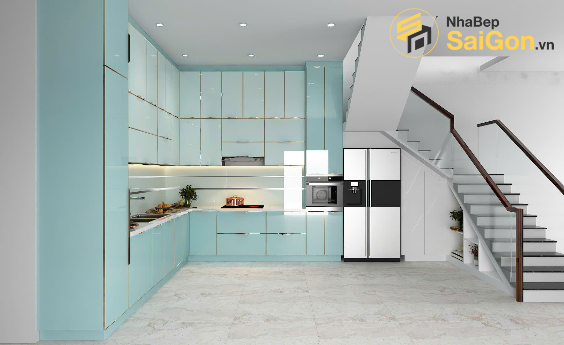 Mẫu tủ bếp đẹp chữ L với cửa kính