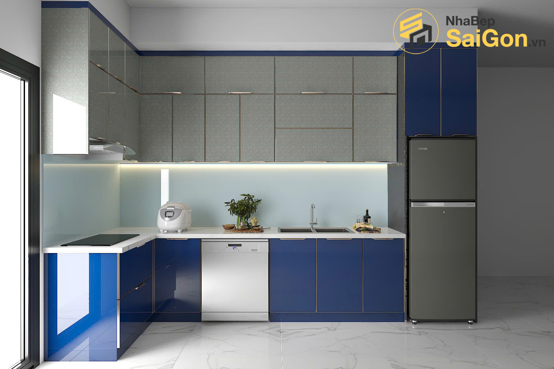 Tủ bếp chữ L nhôm hợp kim cánh kính cường lực