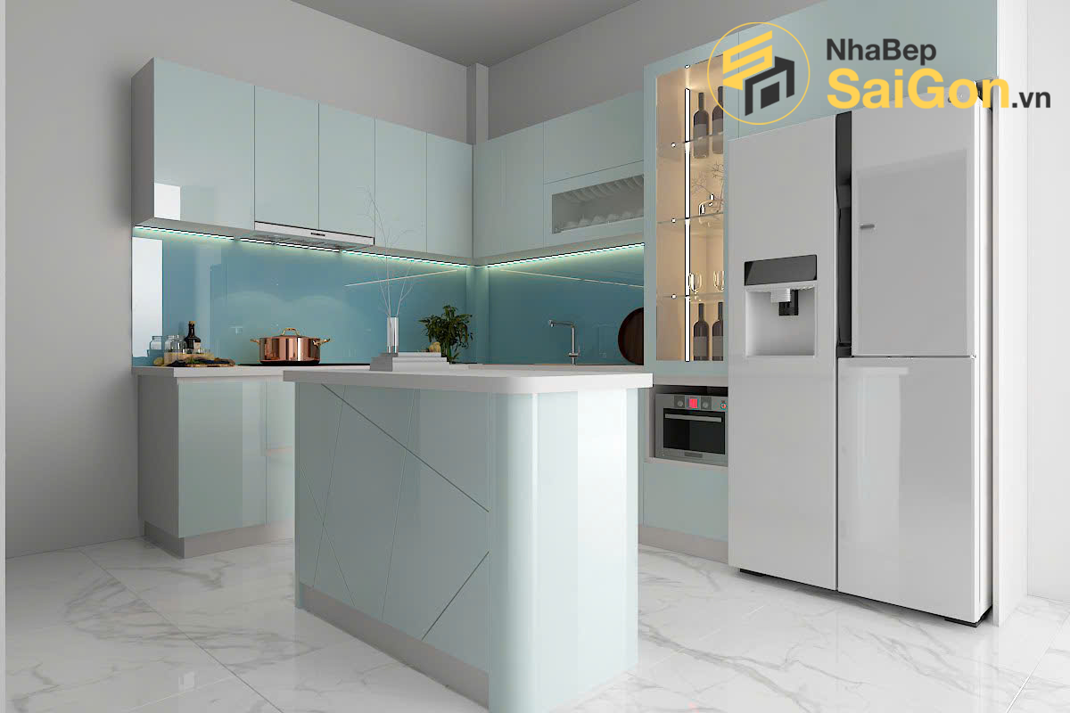 Mẫu tủ bếp chữ L Picomat xanh pastel nhạt